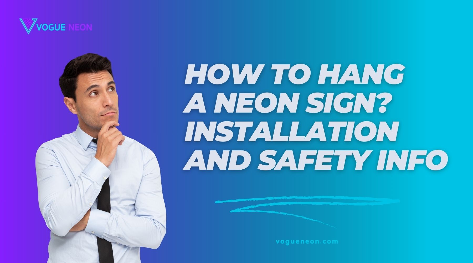 A man wearing white shirt thinking how to hand neon sign?